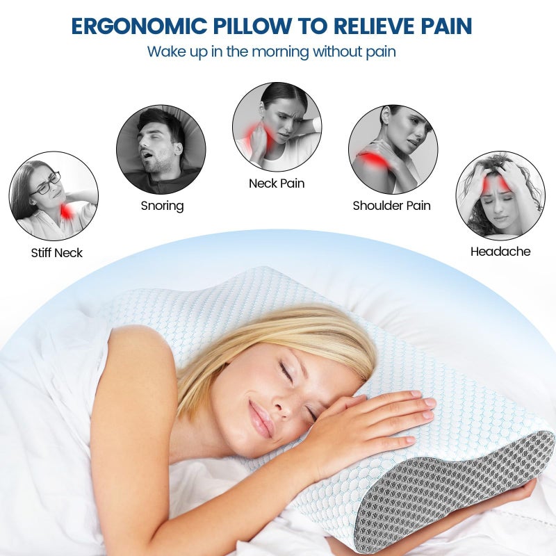 Polovo Memory Foam Pillows Neck Pillow Bed Pillow for Sleeping, Ergonomic Cervical Pillow for Neck and Shoulder Pain Relief,Orthopedic Contour Pillow for Side Back Stomach Sleeper(Blue&Grey) - Image 4